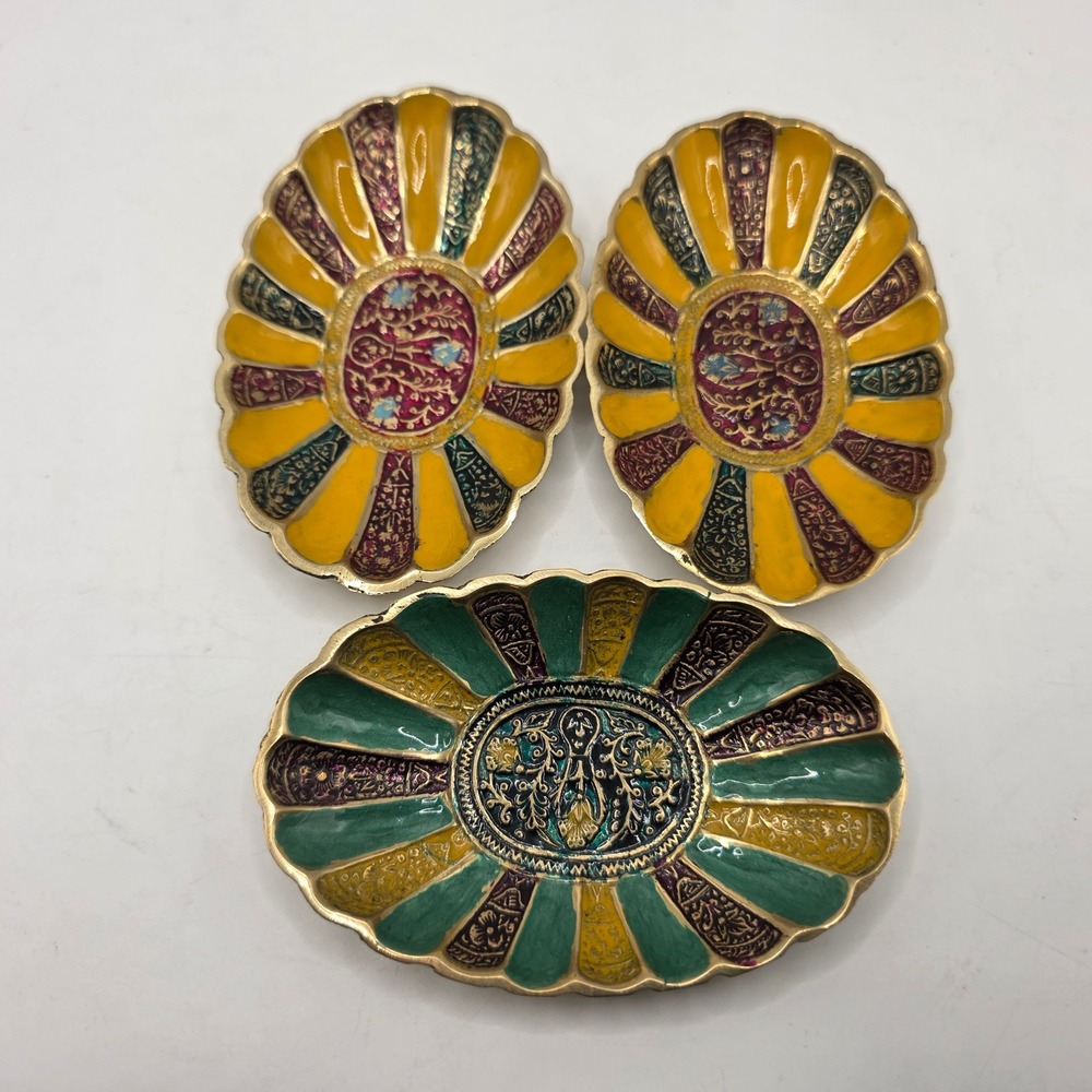 Cauvery Brass Enamel Trinket Dish Set of 3 Indian Floral Scalloped Oval Bowls